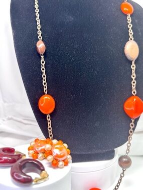 Women's Orange Beaded and Wood Long Necklace and Earrings Set